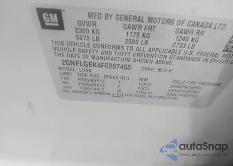 2015 Chevrolet Equinox 2Lt из США, поврежденный, VIN 2GNFLGEK4F6287466